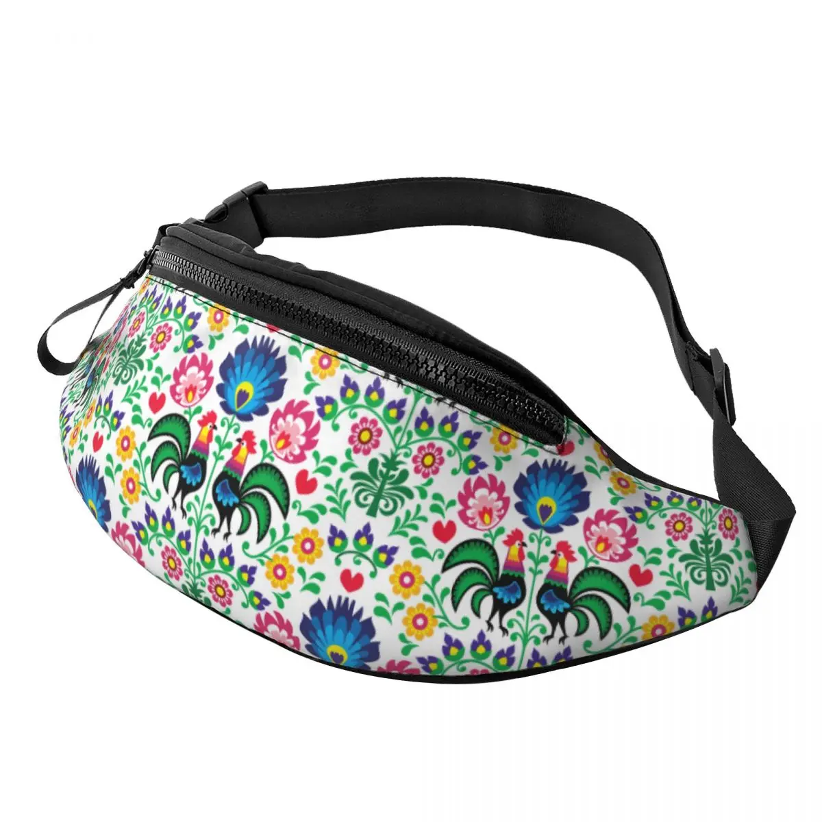 Custom Mexican Flowers Floral Polish Roosters Pattern Fanny Pack for Men Women Crossbody Waist Bag Hiking Phone Money Pouch