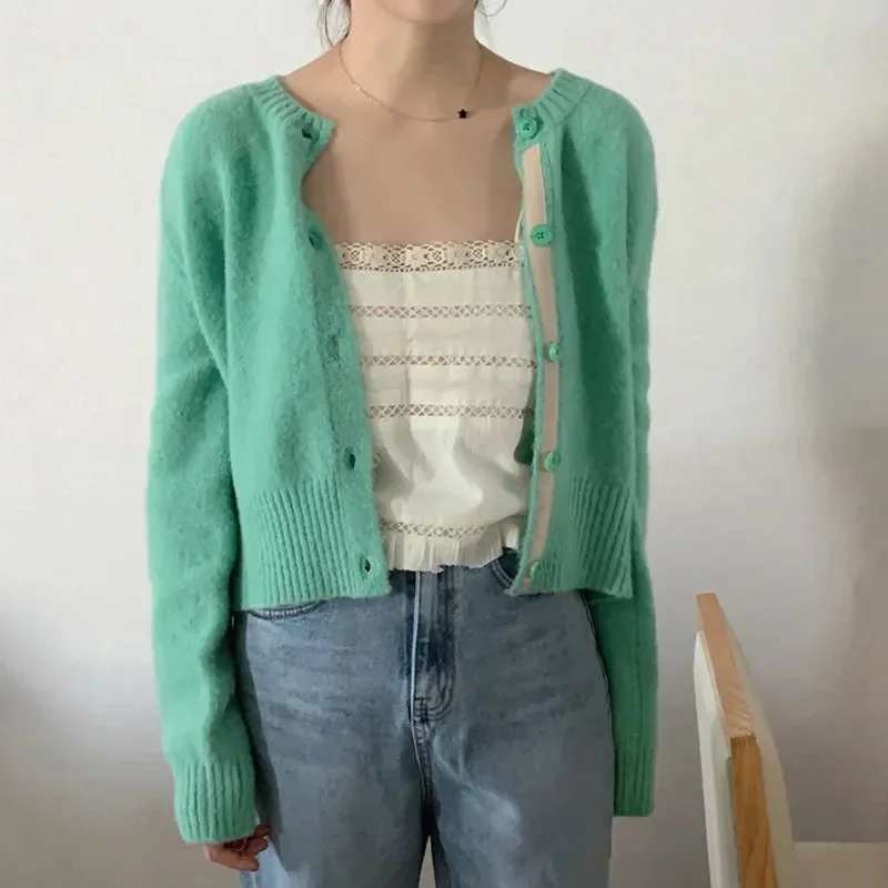 Spring and Autumn New Korean Chic Mint Green Sweater Women\'s Single breasted Knitted Cardigan Coat Top Women