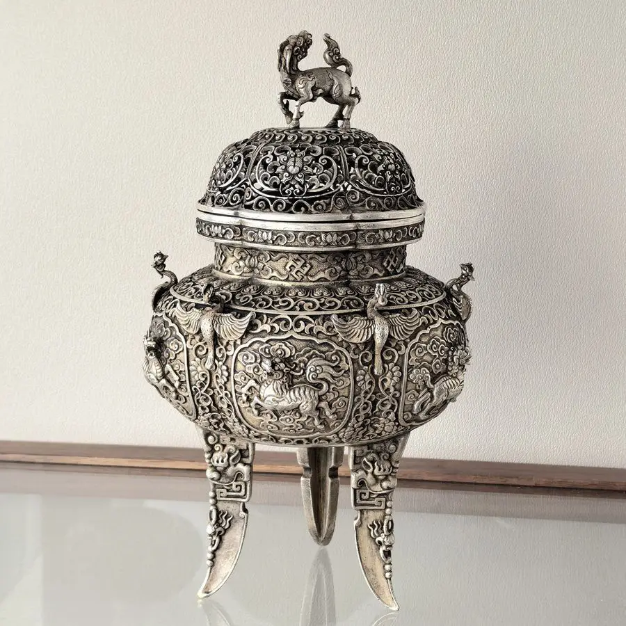 Vintage Silver Openwork Incense Burner Three-Legged Censer Embossed Lion Phoenix Pattern Metal Incense Holder Home Altar Decor