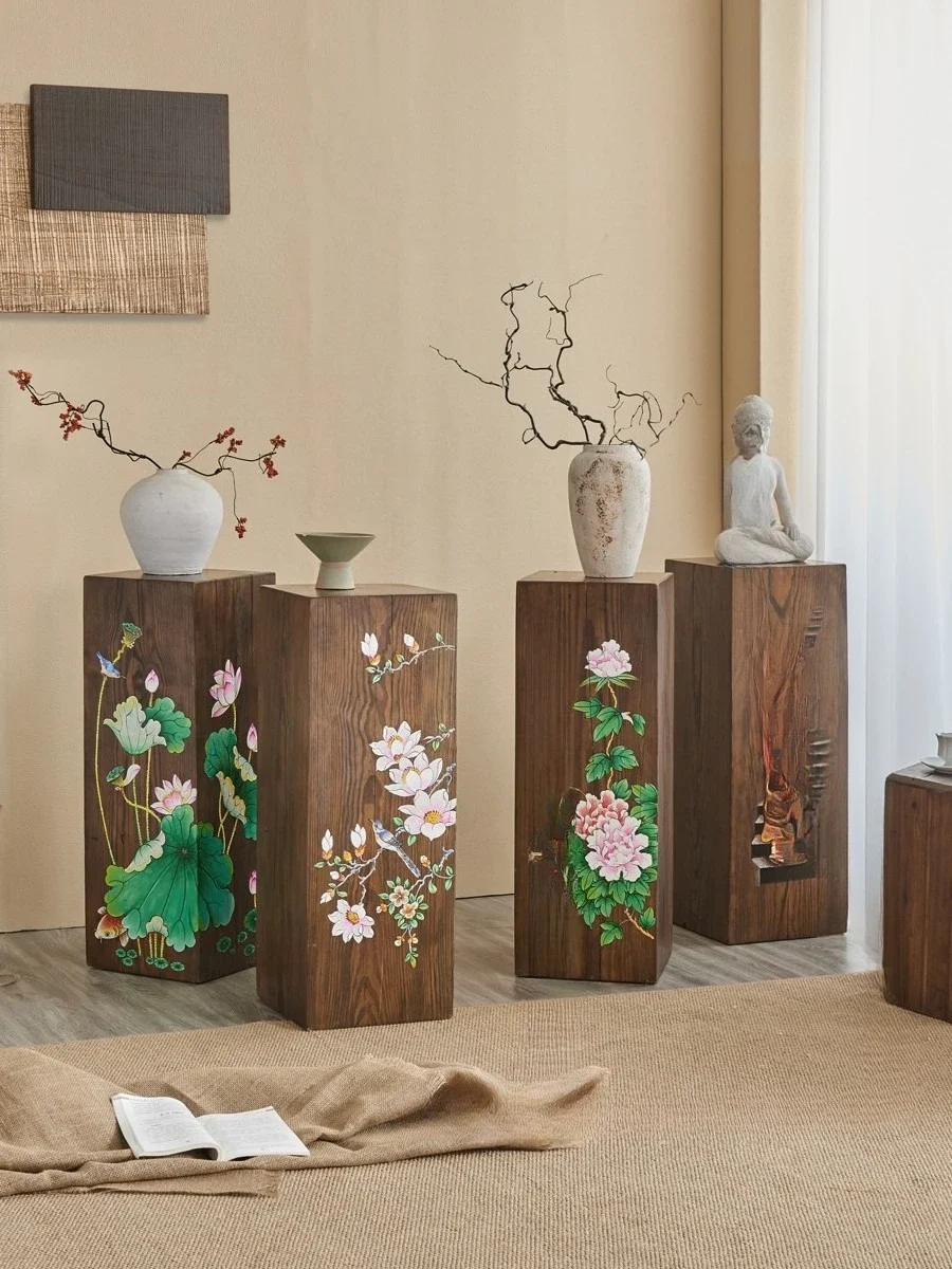 Wabi-sabi wind hand-painted weathered solid wood panel painting retro nostalgic floor ornament base decoration
