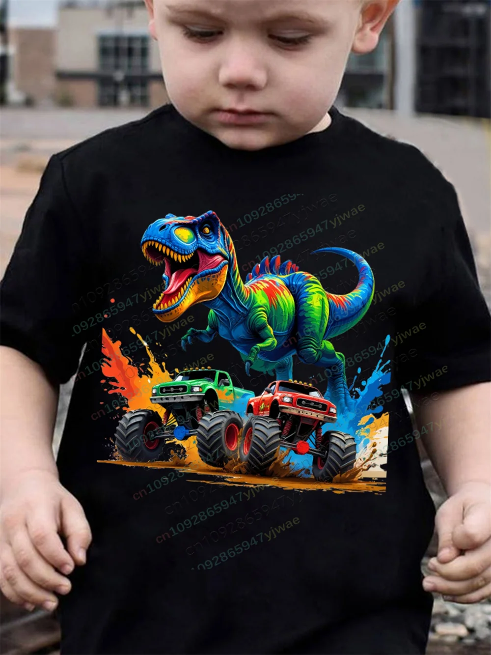 Sommermode für Jungen, kurzärmeliges Hemd, Jurassic Dinosaur Truck, grafisch bedrucktes, kurzärmeliges T-Shirt für Erwachsene und Kinder – Detail 3