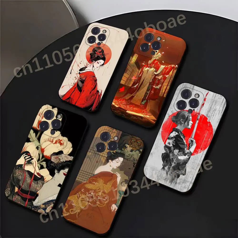 

Samurai Warrior Geisha Phone Case For iPhone 17,16,15,14,13,12,11,Pro,Max,Plus Soft Black Cover