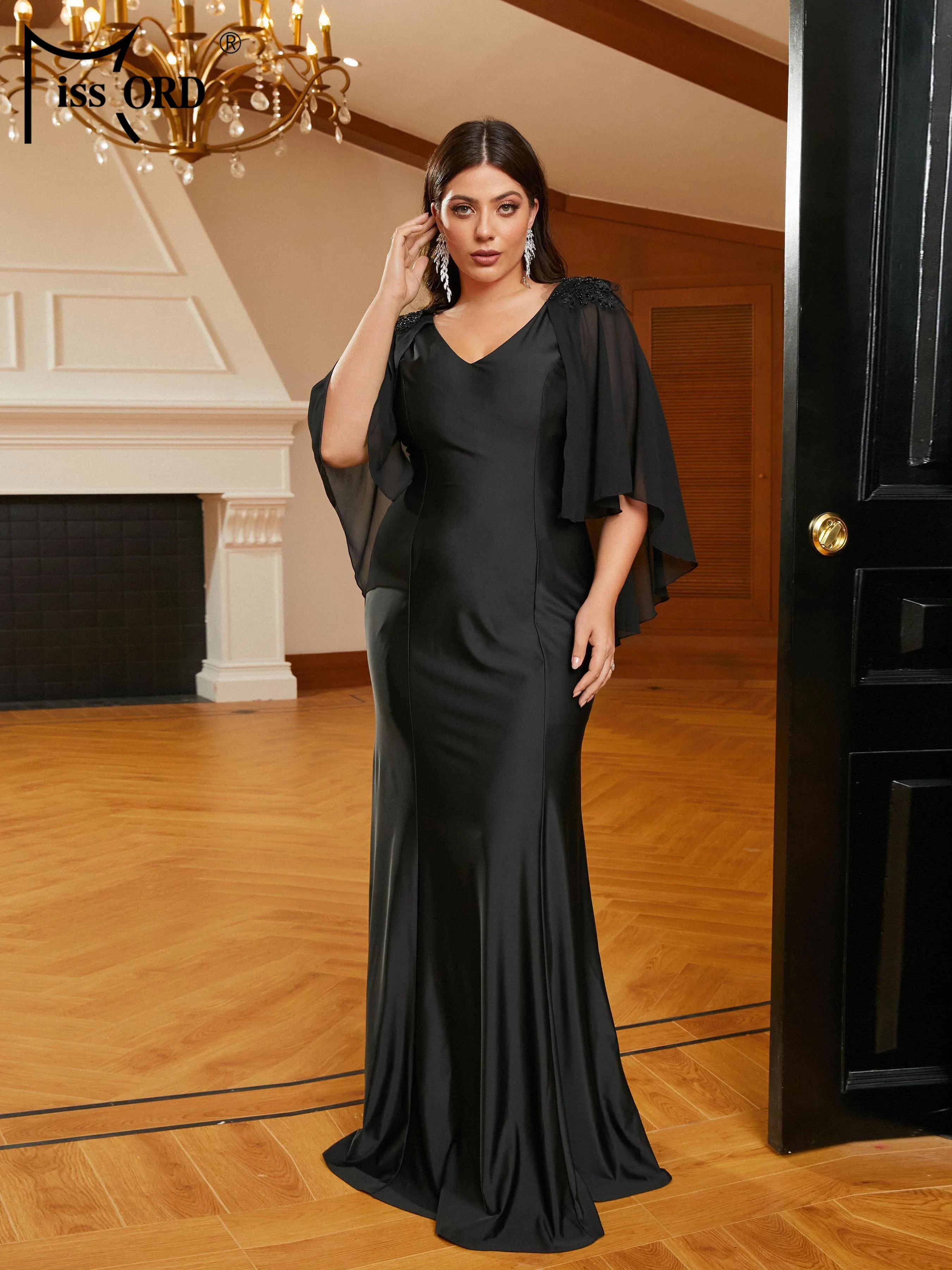 Missord New Plus Size Batwing Sleeve Black Mermaid Prom Evening Formal Occasion Dresses