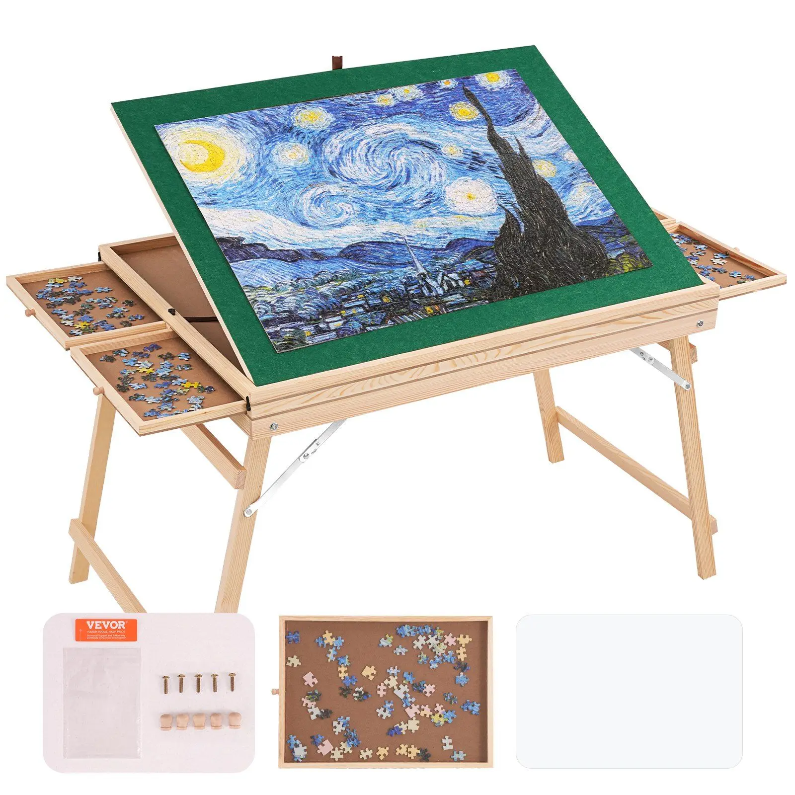 

VEVOR 1500 Piece Puzzle Table with Folding Legs, 4 Drawers and Cover, 32.7"x24.6" Wooden Jigsaw Puzzle Plateau, Adjustable 3-Til