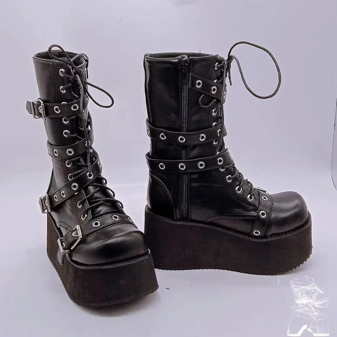 Plus Size 43 Jesienne buty damskie Klamra Okrągłe palce Kliny Platforma Buty Punk Goth INS Damskie buty uliczne Buty bojowe dla kobiet — zdjęcie 4
