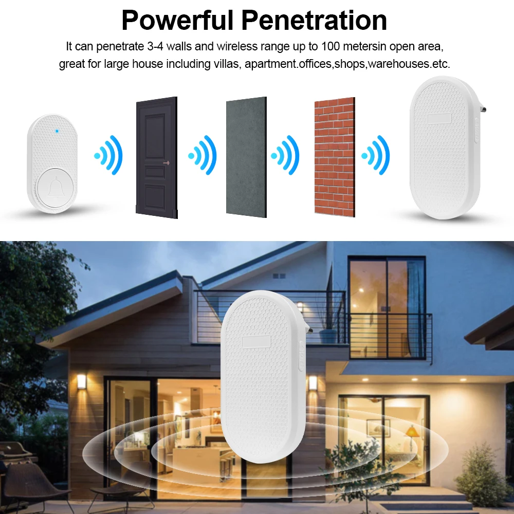 Wireless Doorbell Waterproof Welcome Doorbell 100M/328ft Remote High Volume 33 Songs Smart Door Bell Chime US EU Plug Optional