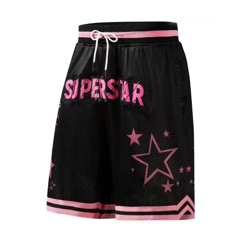 

Men's Black and Pink Patchwork Superstar Pattern Basketball Shorts, Street Trend Training Running Casual Pants