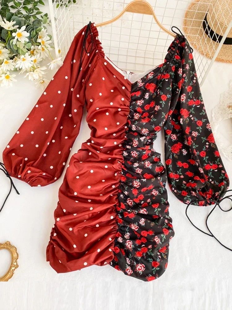 

Women's Spring Autumn New Print Dress Ins Fashion Color Matching Polka Dot Floral Print Dress Lantern Sleeve Lacing Dress ML726
