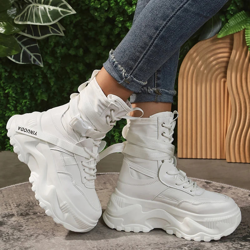 White Chunky Platform Motorcycle Boots Women Buckle Lace Up Thick Bottom Ankle Boots Woman 2023 Autumn Fashion Vulcanized Shoes