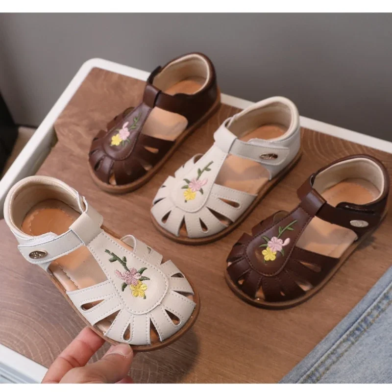 Children's Sandals Summer Lovely Embroidered Flowers Baby Girls Fashion Sandals Breathable Kids Shoes Beach Sandals