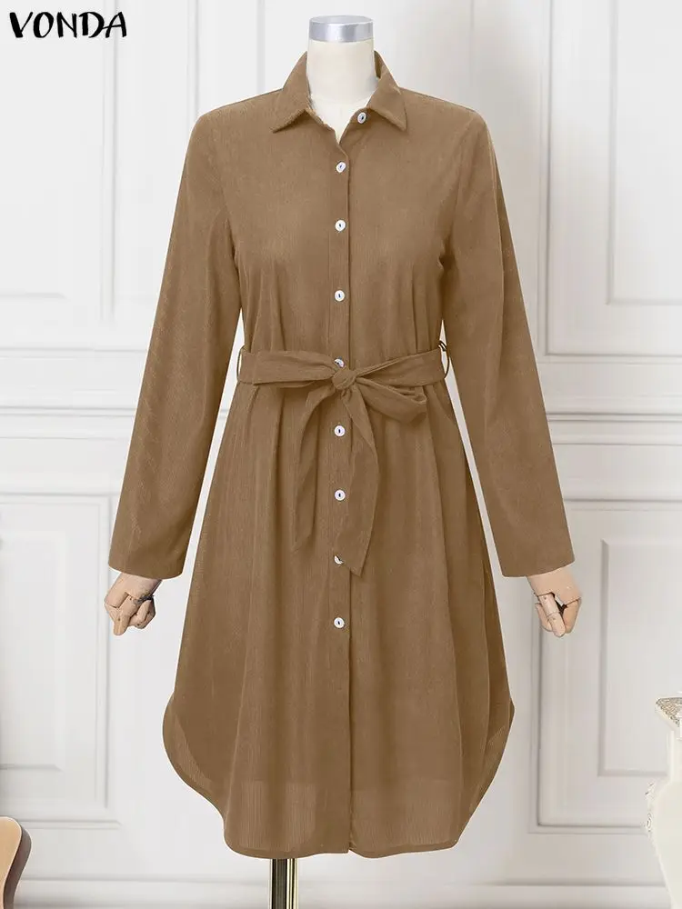 

VONDA Элегантные вельветовые платья больших размеров для женщин, осень 2022, однотонные платья миди с длинными рукавами, повседневная уличная одежда, вечерние халаты 5XL