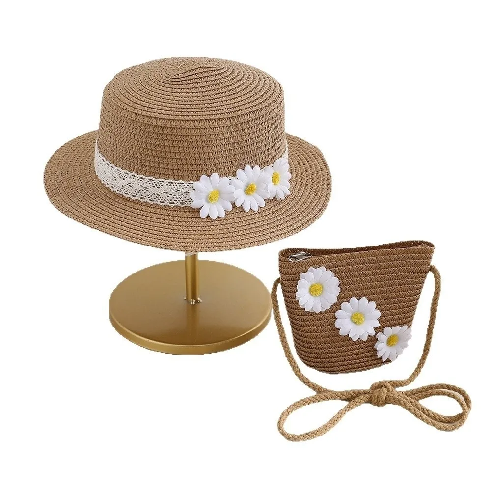 

Sweet Small Daisy Children Beach Straw Hat Wide Brim Sun Protection Sun Hat Solid Color Lace Fisherman Hat for 2-8 Years Kids