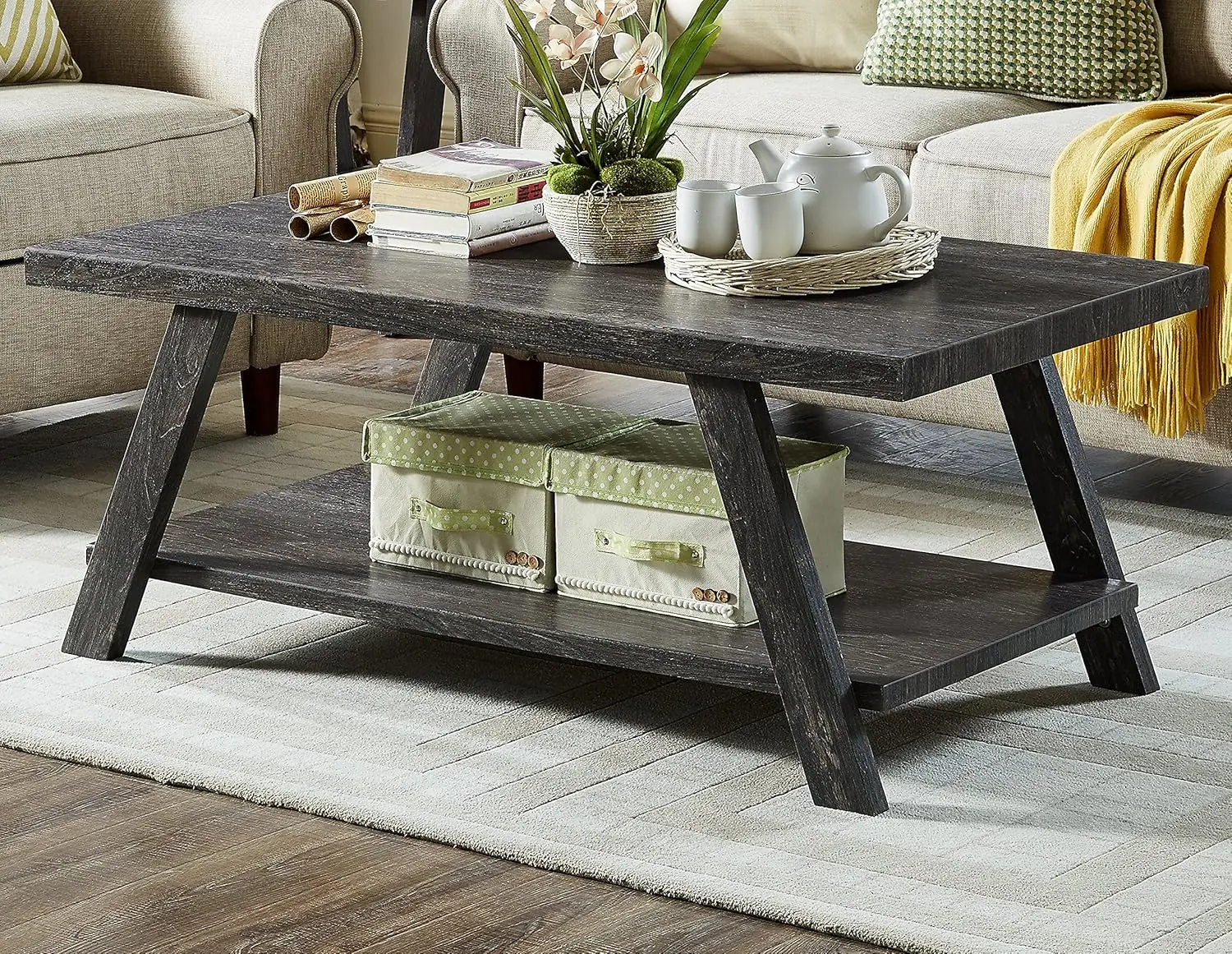 

Modern Wood Coffee Table with Storage Shelf, Charcoal Finish, 48x24x19 Inches