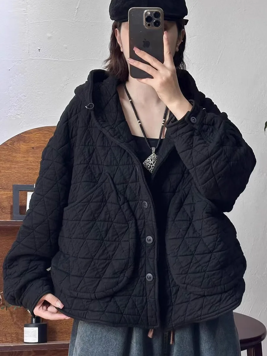 

Retro Quilted Hooded Cotton Jaet Women's Winter Thin Cotton Warm Loose Anti-Aging Slimming Cotton Clothes Artistic Sle