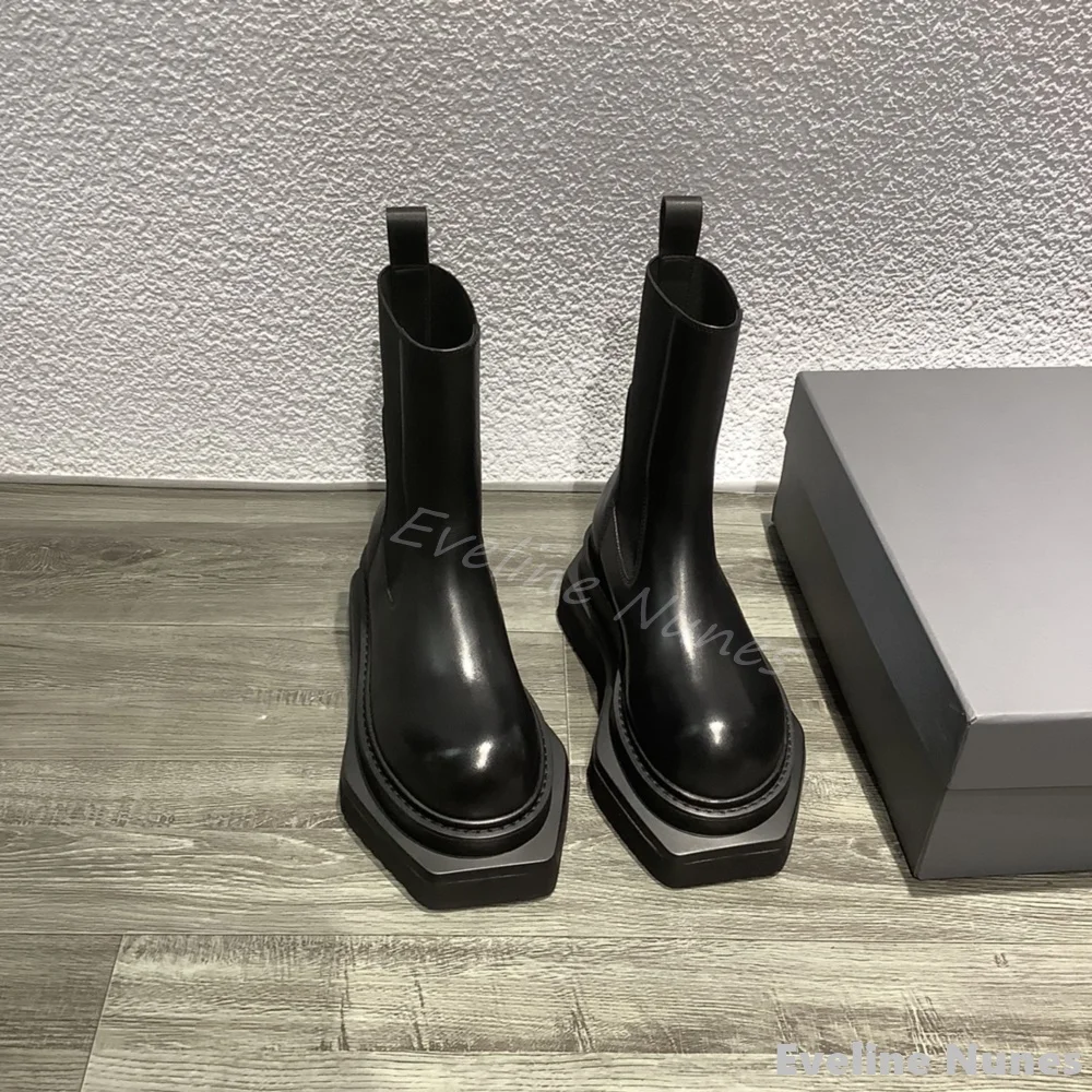 

Round Toe Square Thick Sole Stretch Boots Women Black Leather Slip On Versatile Mid-calf Boots 2024 Fashion Design Chelsea Boots