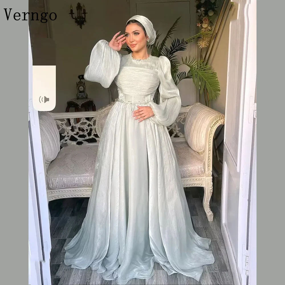 

Verngo Gray Satin Evening Dress Sequined High Neck Full Sleeves A Line Prom Party Dress Elegant Musilm Prom Gown Customized