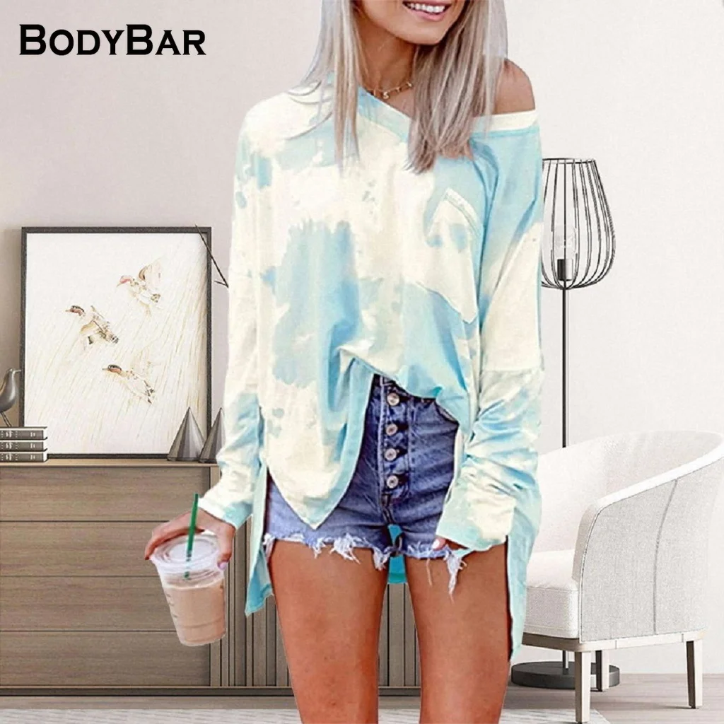 

Осенне-весенняя Футболка с принтом тай-дай для дам, пуловер оверсайз, повседневный топ с градиентом, женская футболка с открытыми плечами