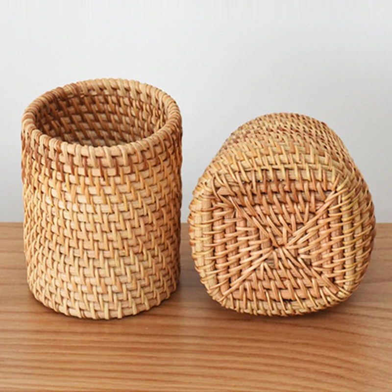 Handmade Pen Holder Woven Wood Vine Rattan Stationery Container Storage Box Organizer Students Gifts Office School Desk Supplies