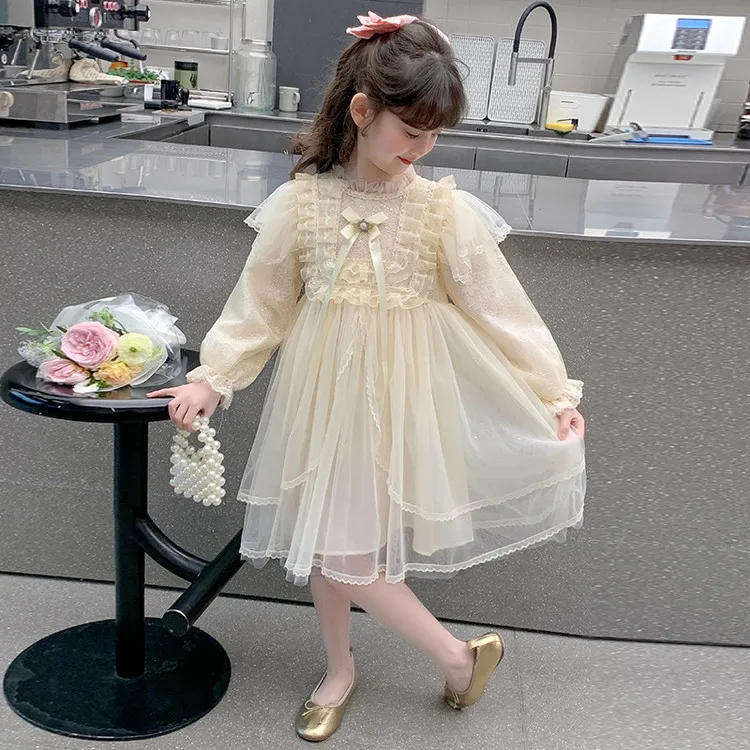 2025 Spring Autumn 3-14 years Children England Style Princess Pearl Lace  Knee Length Kids Baby Girl Elegant Long Sleeve Dress - AliExpress 1501