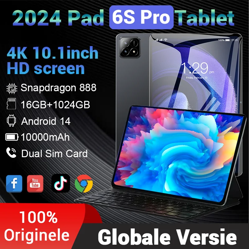 2024 Original Pad 6S Pro Snapdragon 888 Tablet PC 10000mAh Android 14 10.1inch 16GB 1TB 5G Dual SIM Card HD 4K Screen Tablet PC