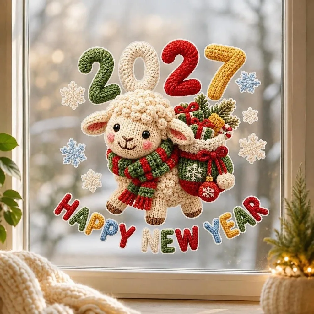 Colorful Happy New Year Window Stickers Large Size Waterproof 5D Window Glass Decor Transparent 2D Flat Print