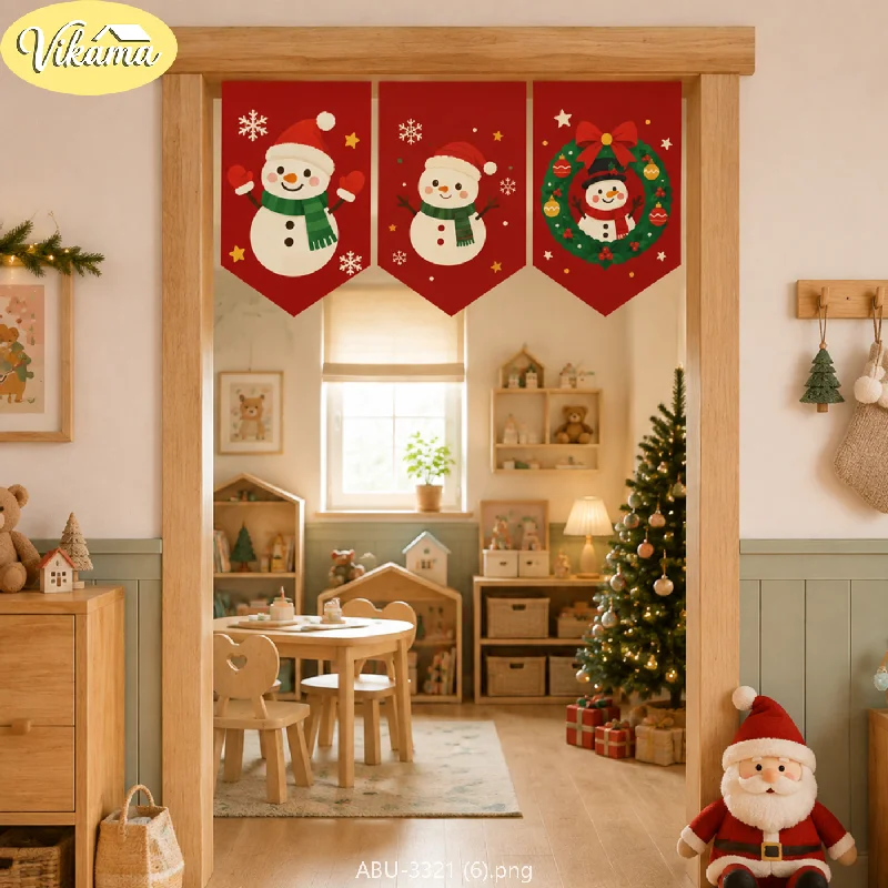 VIKAMA Christmas Fabric Triangle Banners, Cartoon Snowman Pattern Triangle Banner Curtains, Christmas Wall Decor