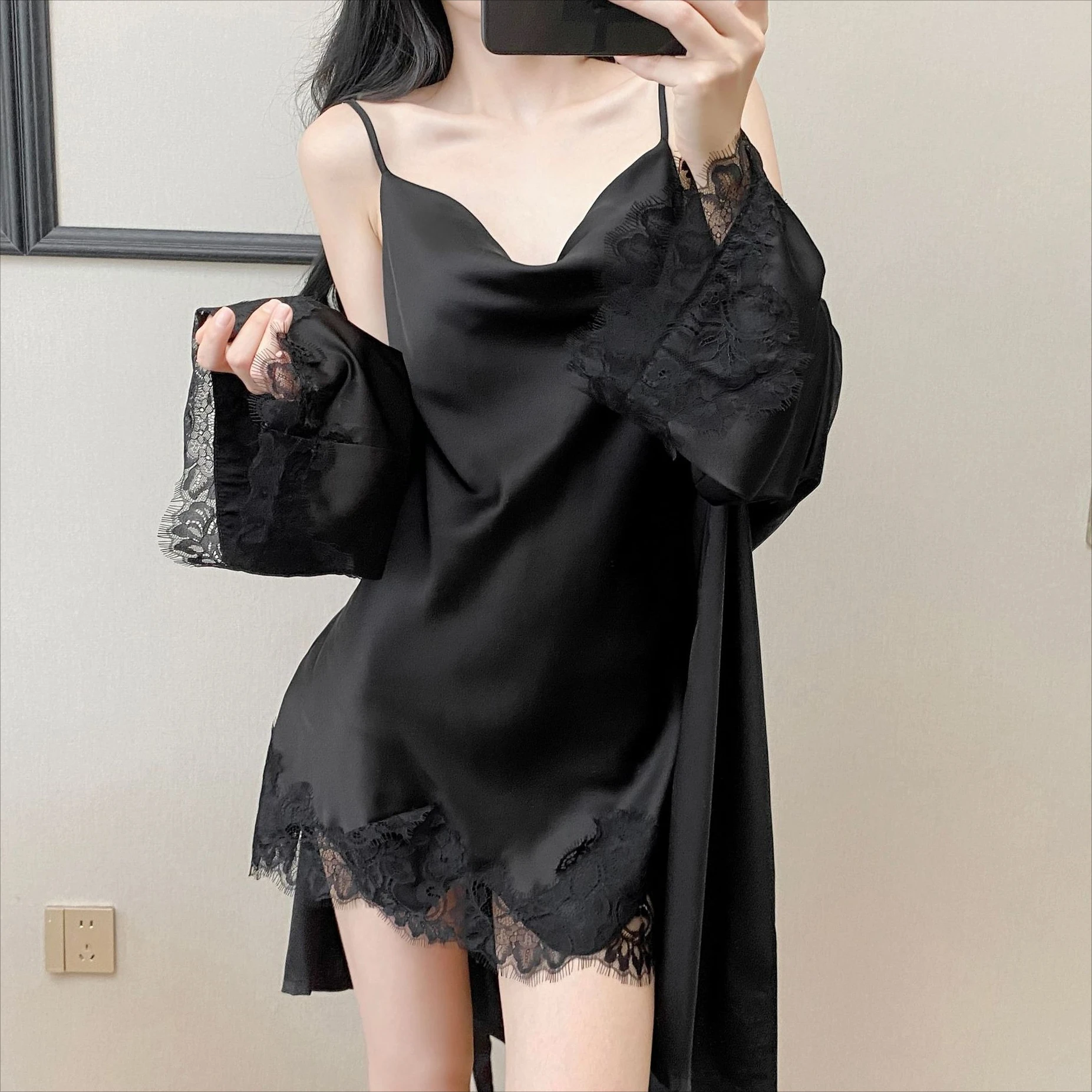 

2PCS Robe Gown Set Women Lace Bathrobe Sleep Suit Lingerie Summer Satin Kimono Sleepwear Nightgown Sleepshirt Loungewear