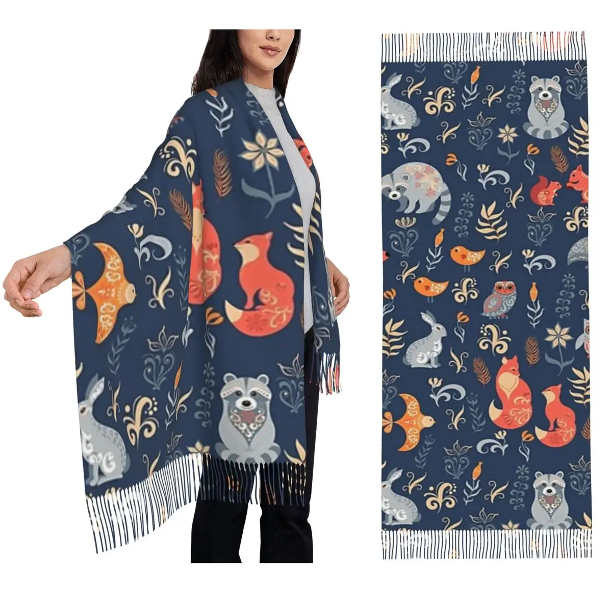 Fairy-Tale Forest Fox Bear Raccoon Owls Rabbits, Flowers And Herbs Scarf Tassel Scarves  Women Shawls and Wraps Long Shawl Wrap