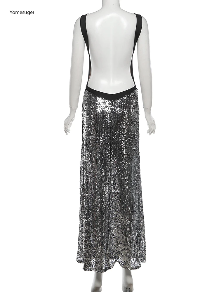 Yomesugar Sexy dos nu robe à paillettes femmes paillettes Slash cou sans manches maigre robe de soirée Coquette Banquet mariage Clubwear