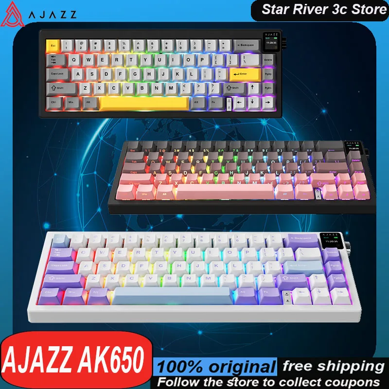 Ajazz Ak650 Mechanical Keyboard Gasket Structure With Screen Wireless Tri Mode Hot Plug Rgb 5000mah Customized Gaming Keyboard