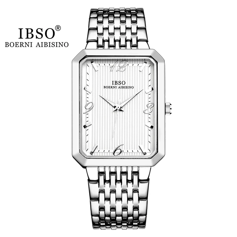 IBSO Ultra-Thin Men Quartz Watch Luxury Style Rectangle Dial Stainless Steel Strap Waterproof 3ATM Wristwatch Relogio Masculino