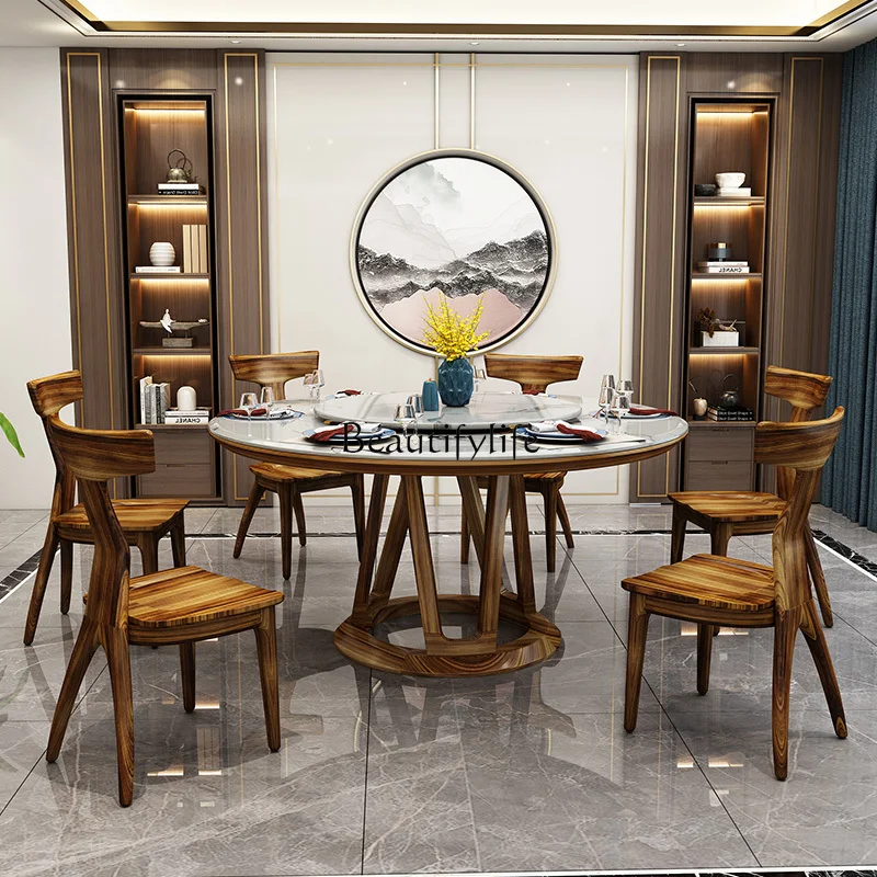 

New Chinese marble dining table household ebony dining table modern turntable solid wood dining table and chair combination