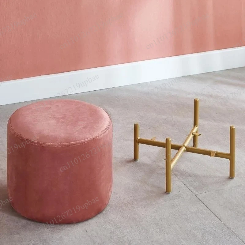 Luxury Tufted Round Velvet Stool Metal Legs Upholstered Footrest Living Room Shoe Changing Stool Space Saving Furniture