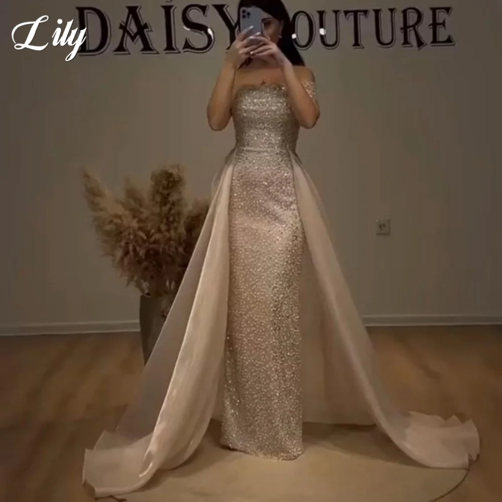 

Lily Glitter Party Dress A-Line Off Shoulder Evening Dress with Sequins Pleated فساتين السهرة Prom Dress Customized