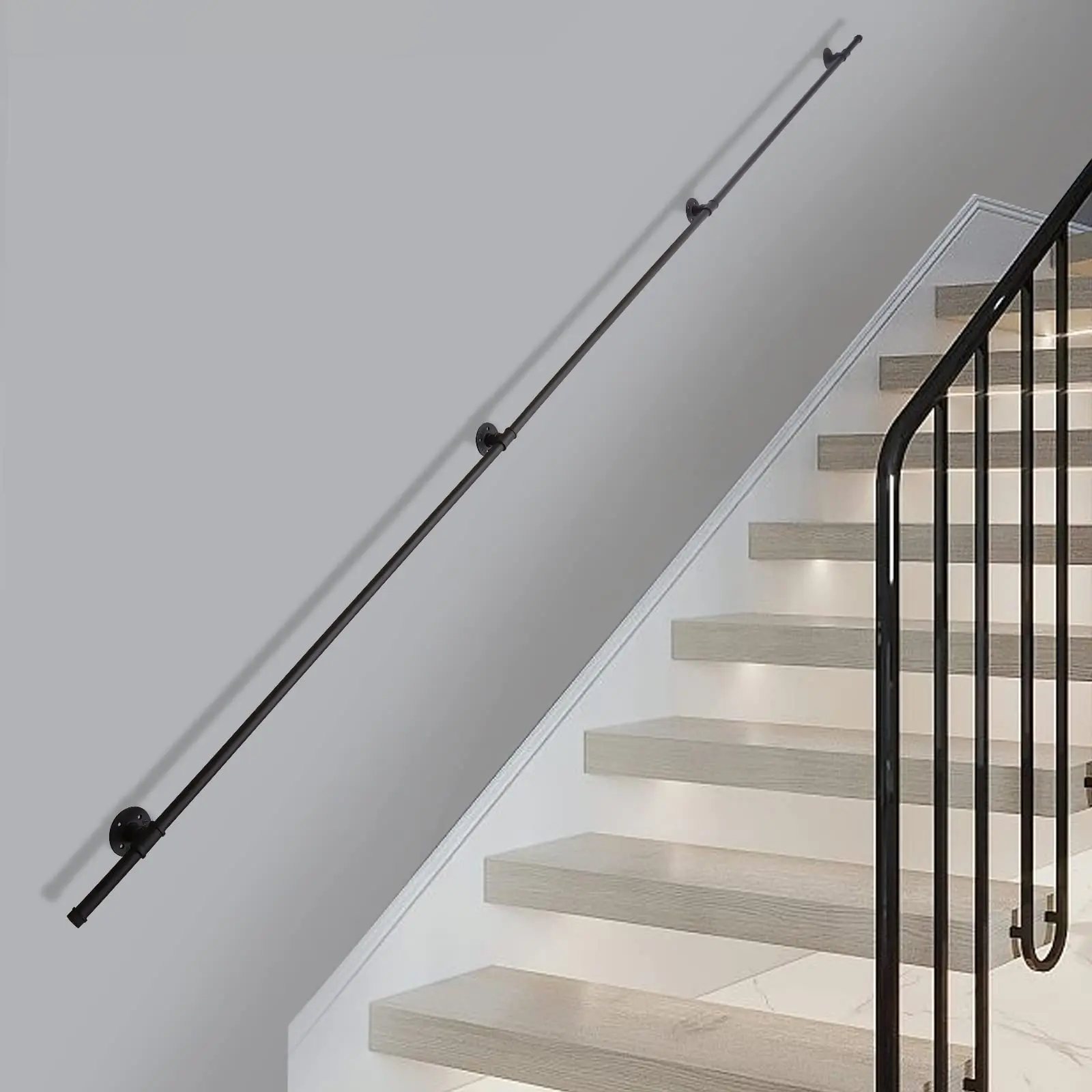 Dynami 9ft Black Pipe Stair Handrail, Wall Mount Black Galvanized Industrial Hand Rail Iron Loft Pipe Handrail, Metal Railing Non-