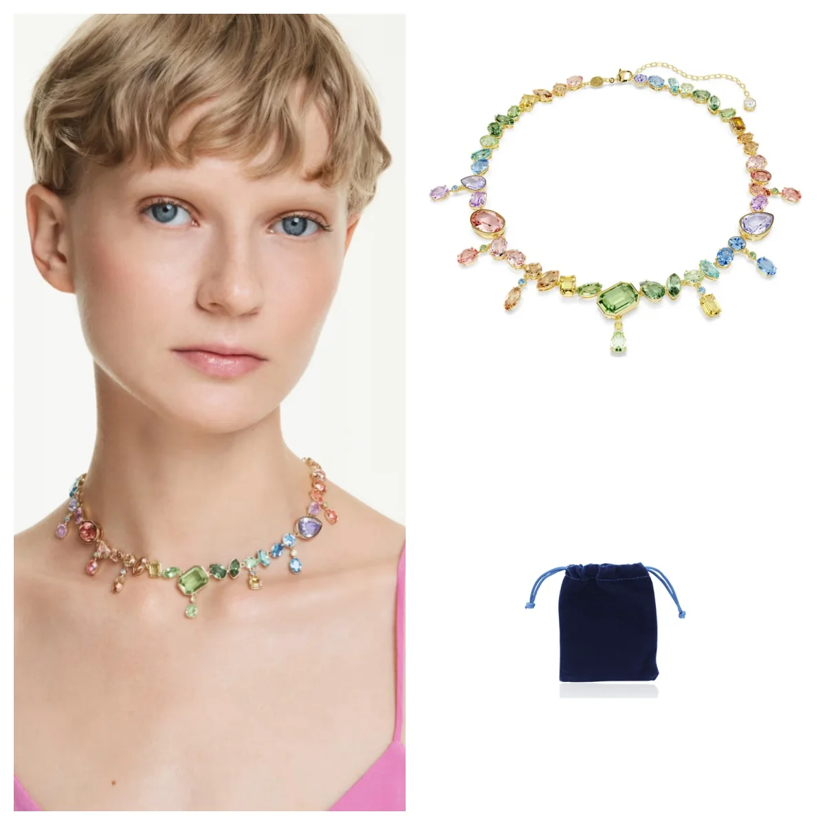 

Gema necklace Mixed cuts, Dangling crystals, Multicolored, Gold-tone plated