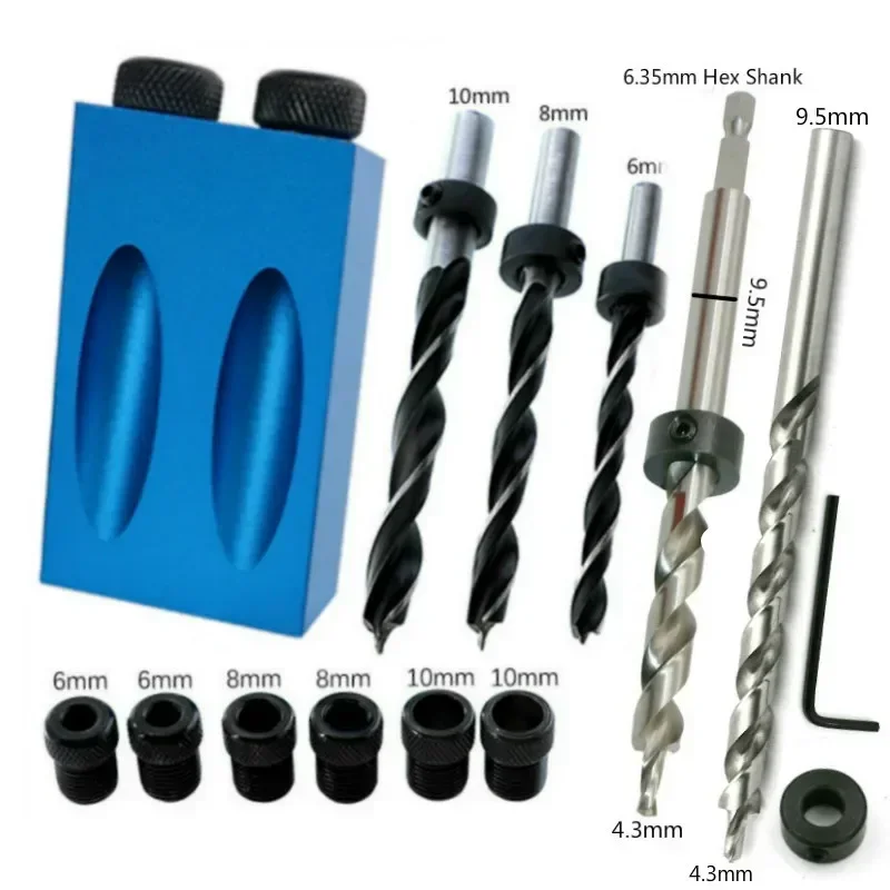 Foro tascabile Vite Jig Tassello Trapano Kit di strumenti per giunti per legno 6/8/10mm Set di guide per trapano ad angolo di 15 gradi Perforatrice Strumenti di carpenteria fai da te