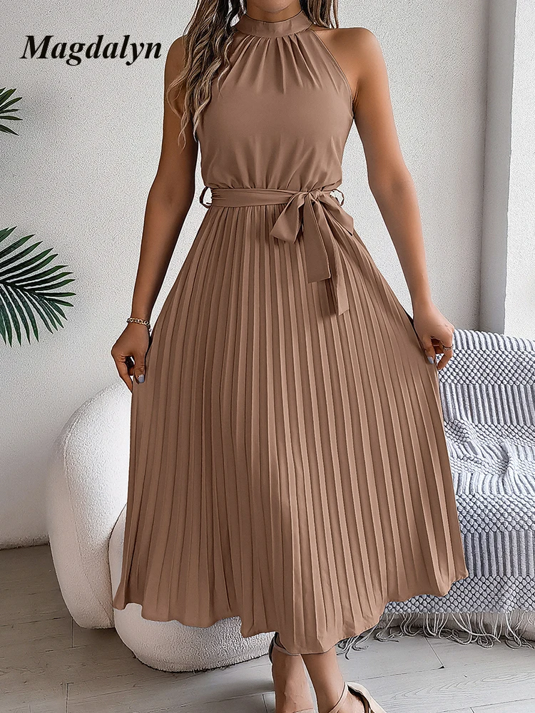 Magdalyn Fashion Summer Pleated Dresses Luxury Women's Elegant Dress Soild Lace Up Hight Waist Sleeveless Long One-piece Dresses