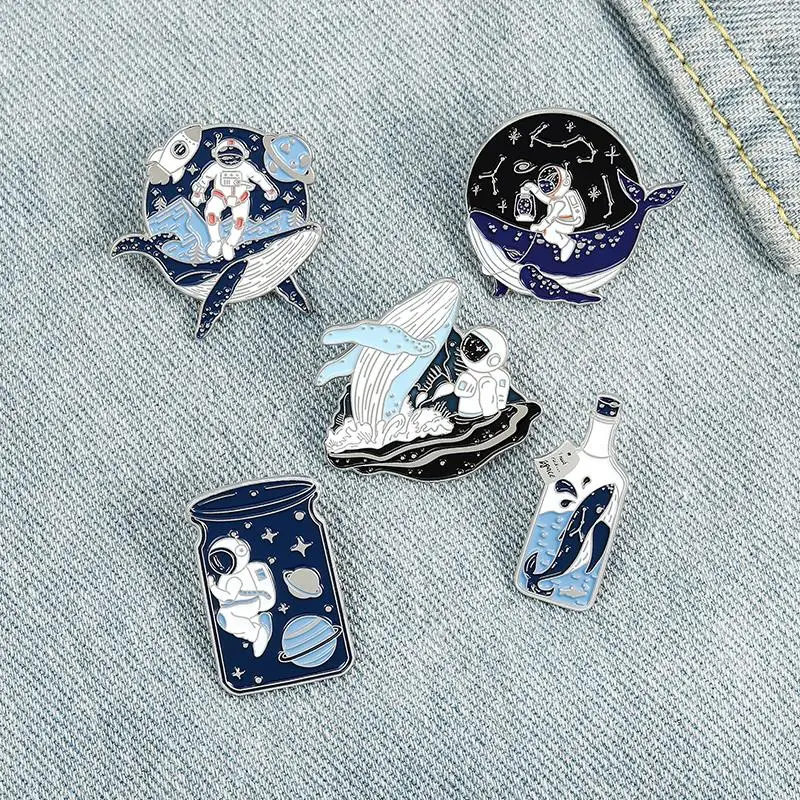 Astronaut and Whale Enamel Pin Adventure Ocean Drifting Wishing Bottle Brooches Bag Lapel Pin Badge Jewelry Gift for Friends