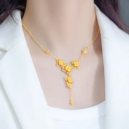 

24k gold pendant necklace for women light luxury blooming flowers wedding clavicle necklace AU999 pure gold gift jewelry