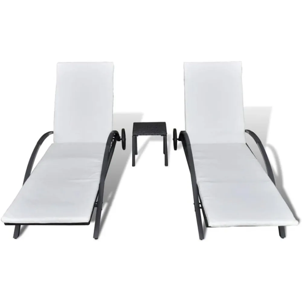 Conjunto de espreguiçadeira de vime elegante e funcional com mesa, encostos ajustáveis, resistente às intempéries, preto