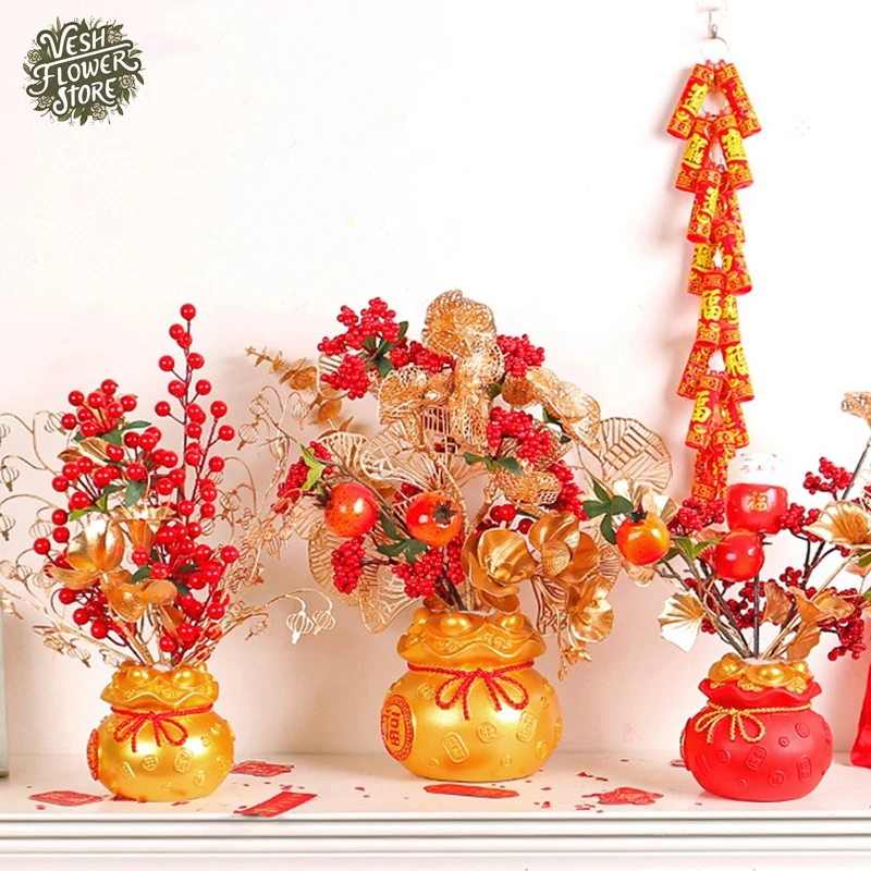 1PC Artificial Flower Gold Blessing Bag Flower Pot New Year Party Home Blessing Bag Gift DIY Shopping Mall Window Decorations