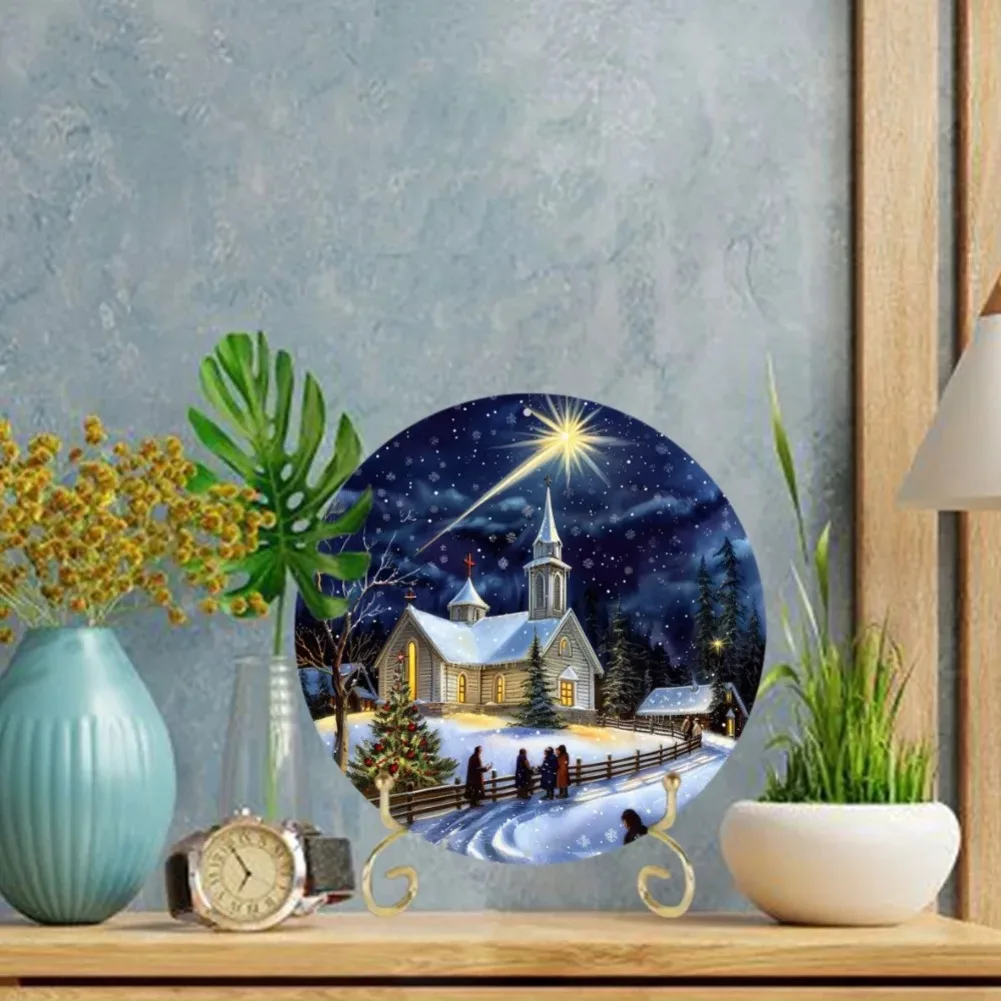 علامة ألومنيوم ساحرة للمشهد الليلي لعيد الميلاد، ديكور حائط معدني مستدير للمنزل والمكتب، هدية مثالية للعطلات
