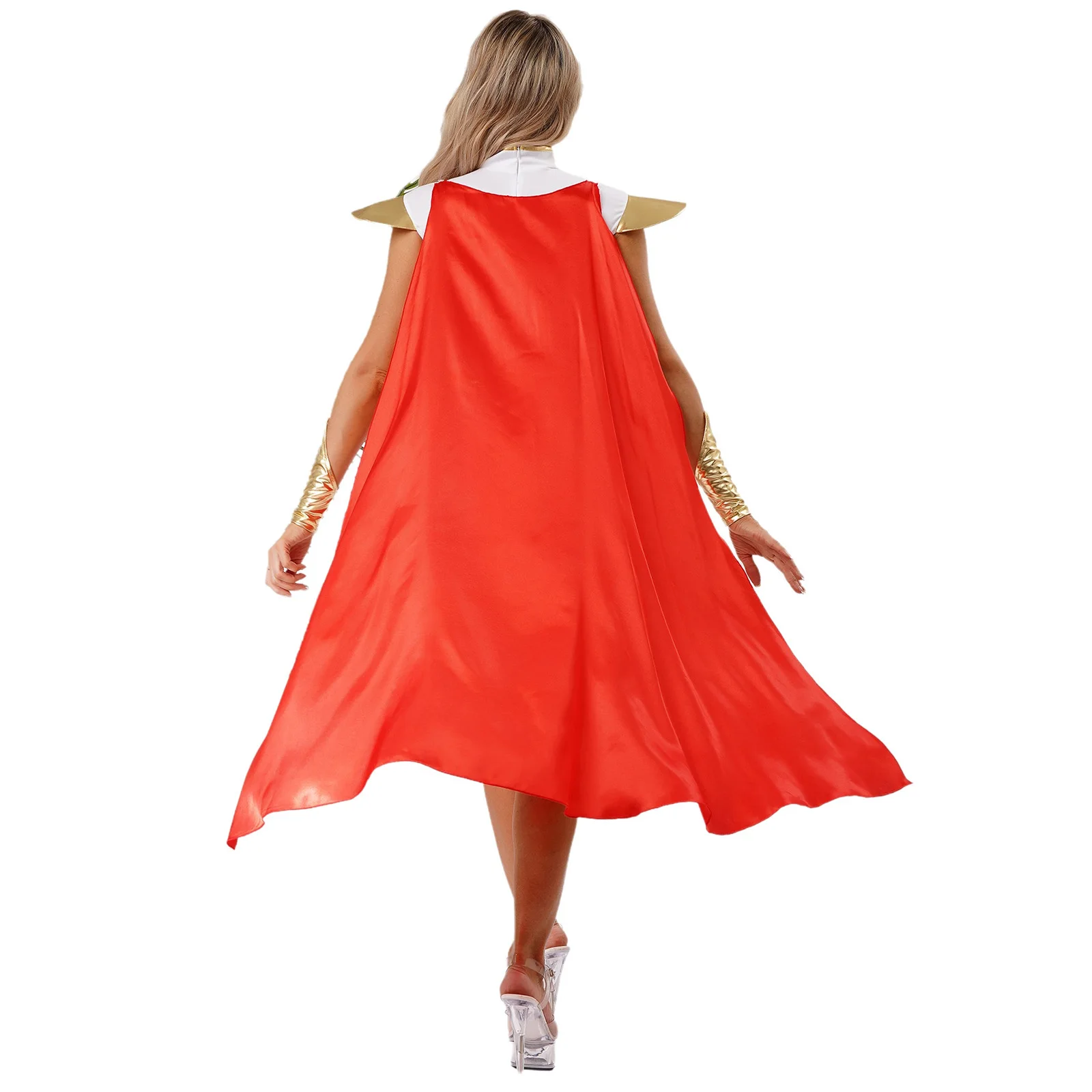 レディース パワー プリンセス コスチューム 光沢のあるメタリック パッチワーク モックネック ミニ A ライン ドレス 取り外し可能なマントと袖口付き ハロウィン用