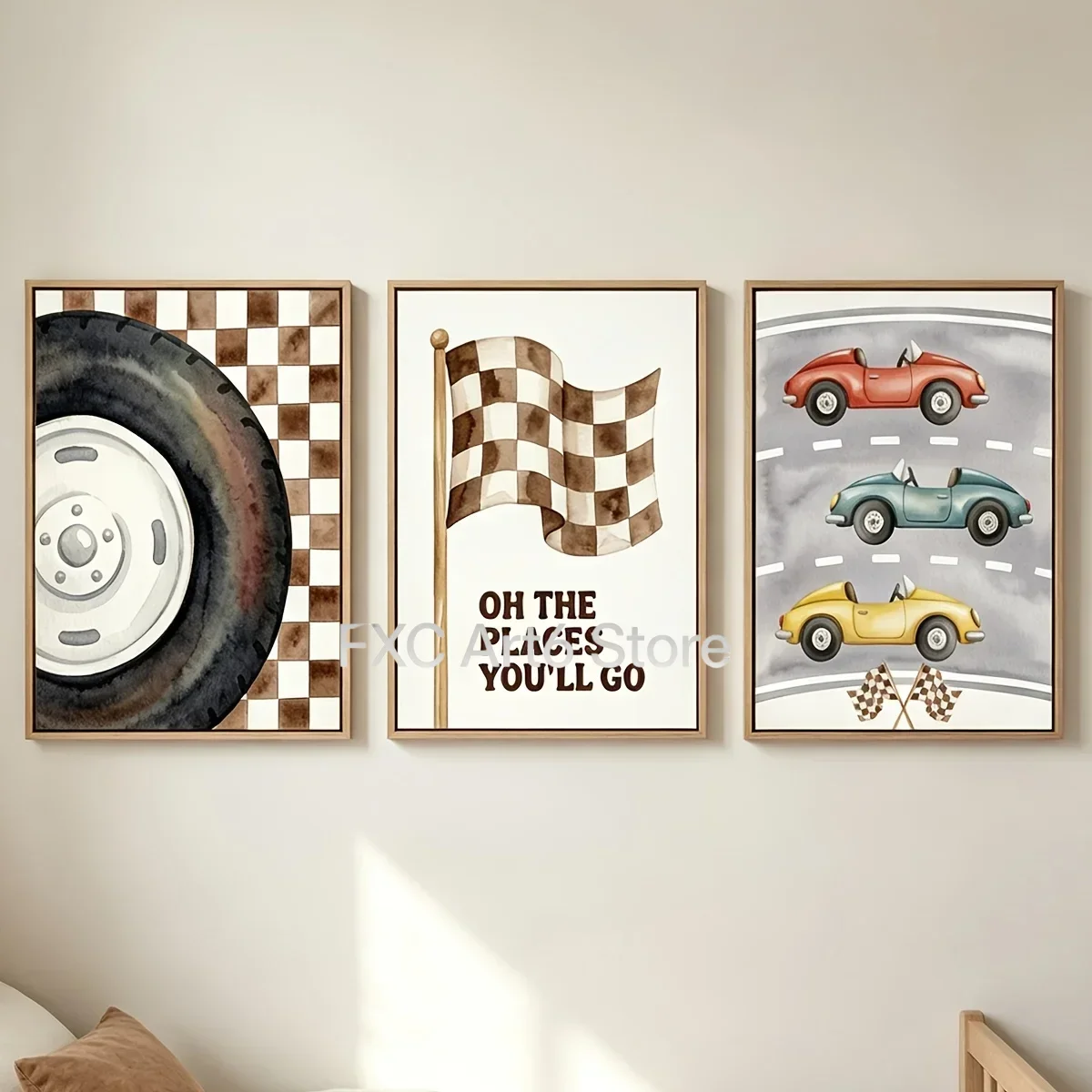 3pcs frameless -2D Flat, Posters & Prints Soft Neutral Vintage Race Car Wall Art Set, Hand Drawn Watercolor Checkered Flag Whe