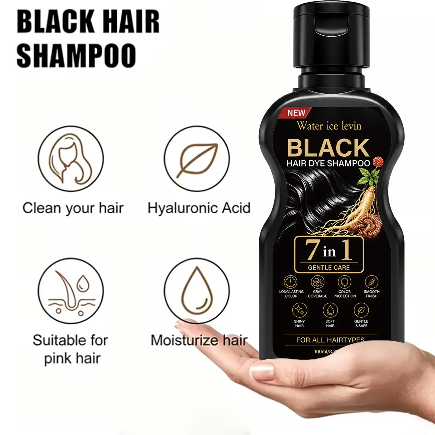 Water Ice Levin 7 in 1 Black Hair Dye Shampoo, Herbal Ginger Polygonum, Cover Grey Hair, Gentle Coloring - view 5