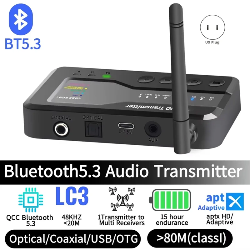 BT5.3 Transmisor de audio Distancia Aptx Adaptive/HD LC3 Transmisión inalámbrica 1 a N Receptor OTG USB Toslink Coaxial AUX