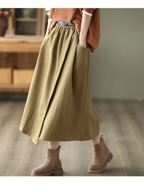 엘레 미디 길이 A라인 스커트 여성용 벨트 허리 밴딩 스커트 출퇴근 캐주얼 기타 소재 기타 제작