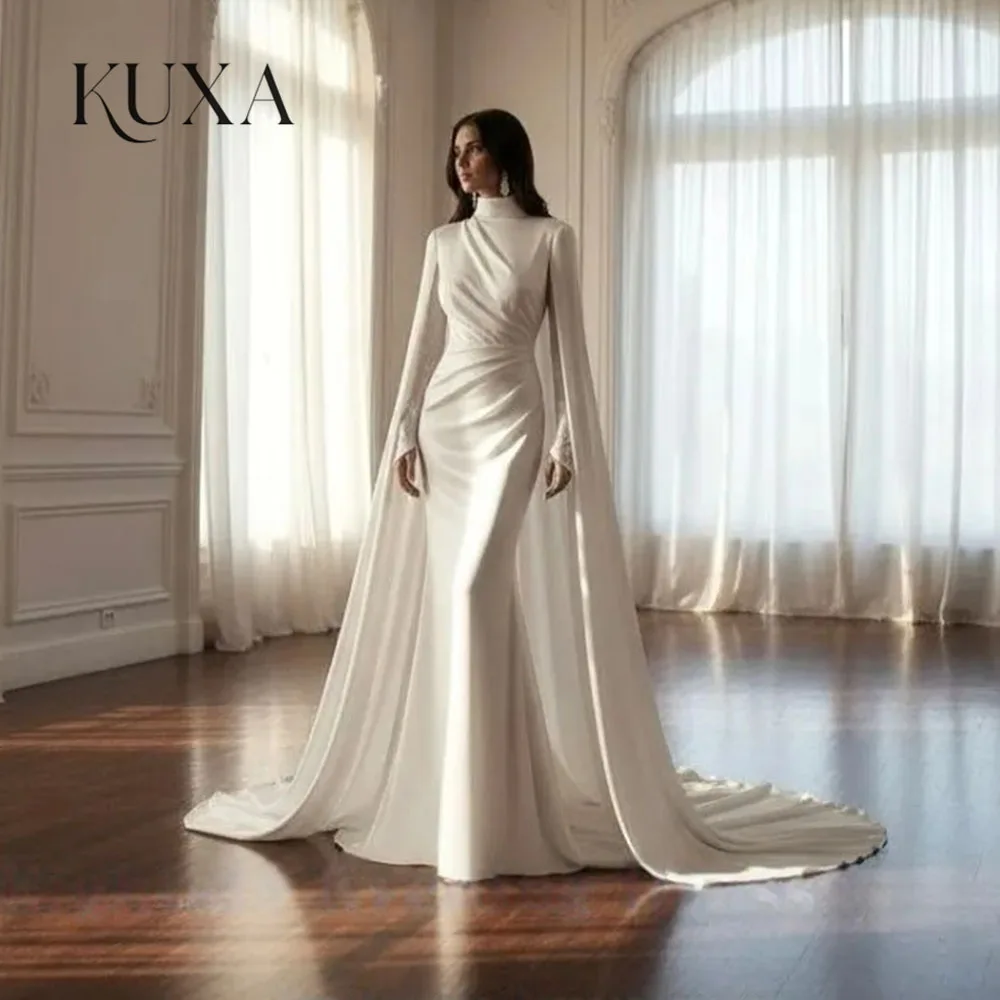 KUXA Maßgeschneiderte muslimische Brautkleider, bodenlang, Meerjungfrau-Stil, schlicht, mit Schal, volle Ärmel, formelle Brautkleider, Vestido De Novia