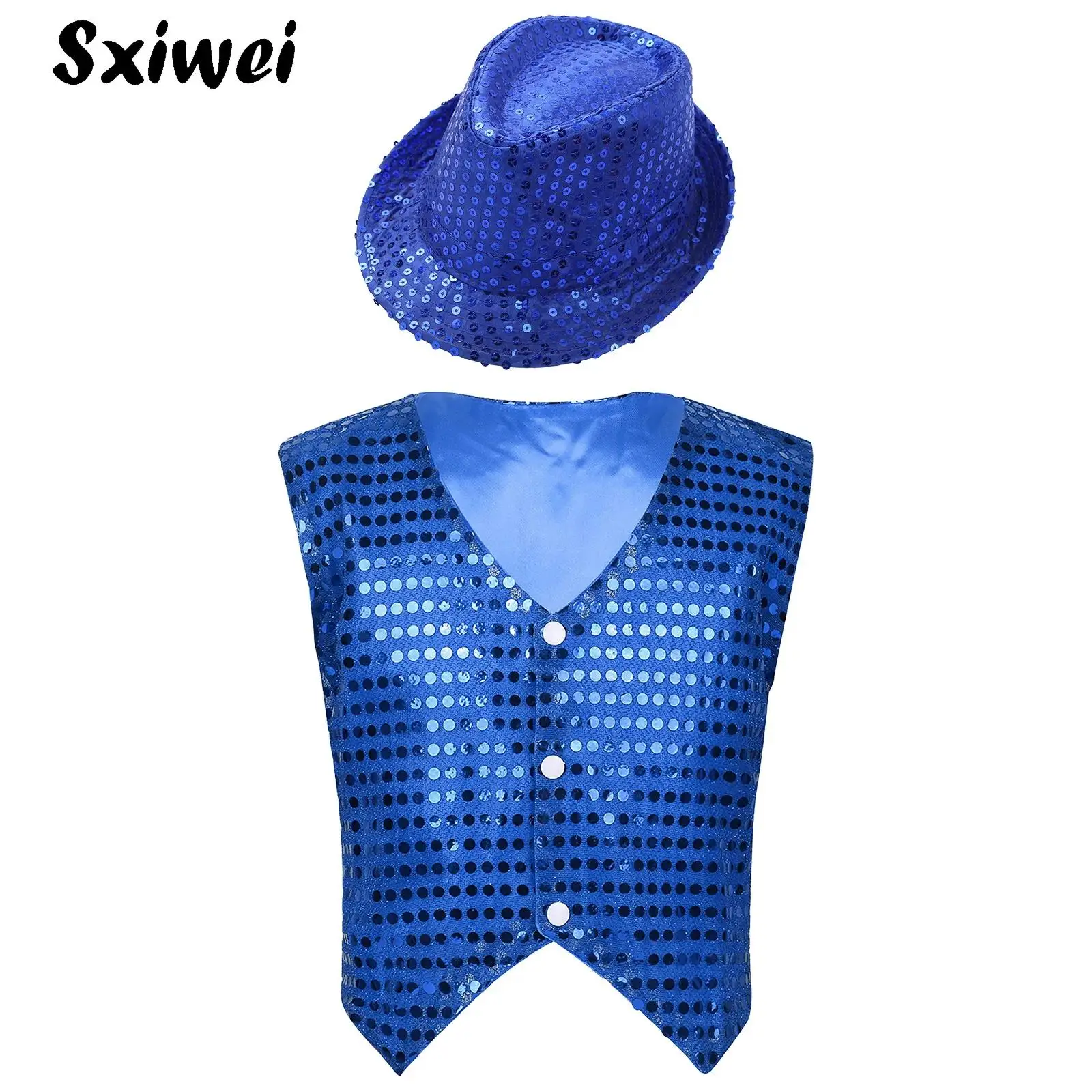 Unisex Boys Girls Sequins Sleeveless Vests Waistcoat with Hat Dance Set Christmas Party Hip-hop Jazz Dance Performance Tops